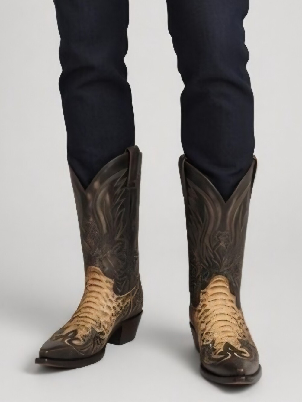 Sendra Python Two-Tone Black and Tan Exotic Leather Western Cowboy Boots, 9.5D